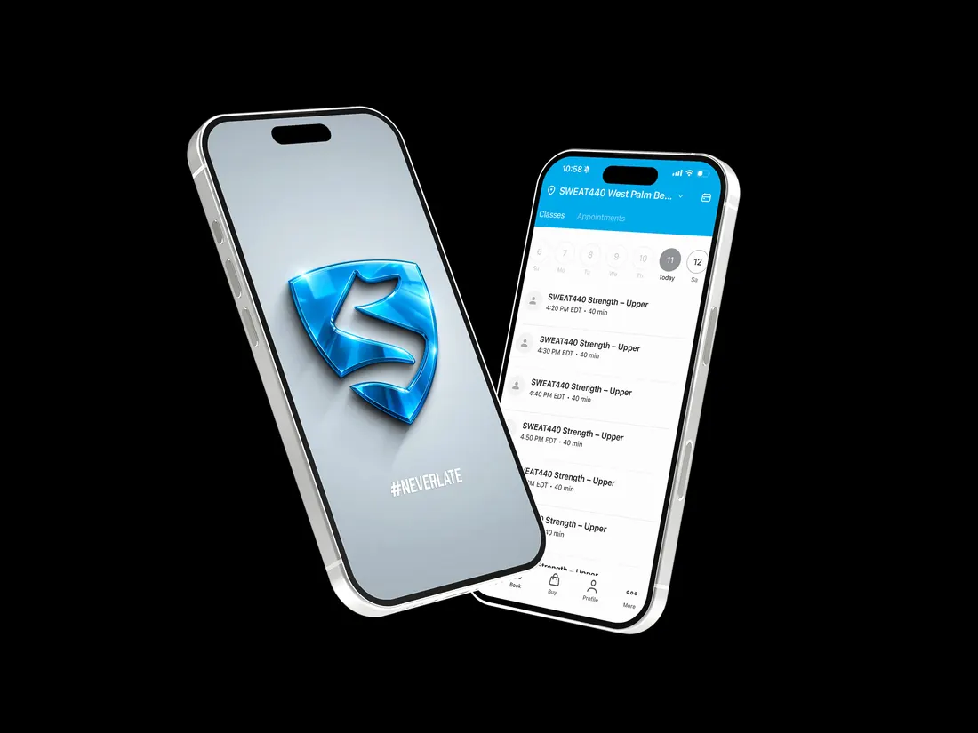 SWEAT440 app class booking screen shown on two phones