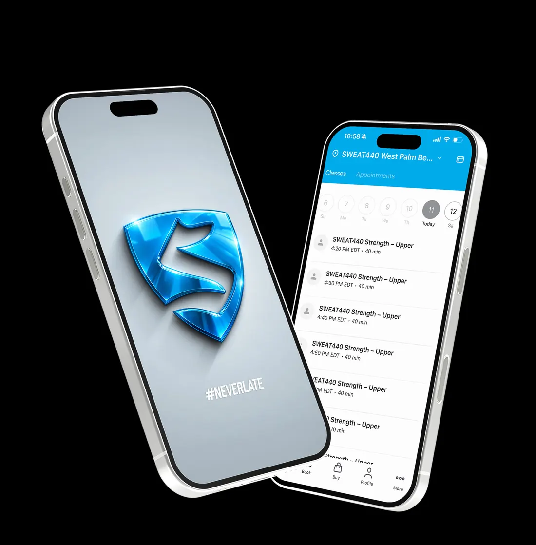 SWEAT440 app class booking screen shown on two phones